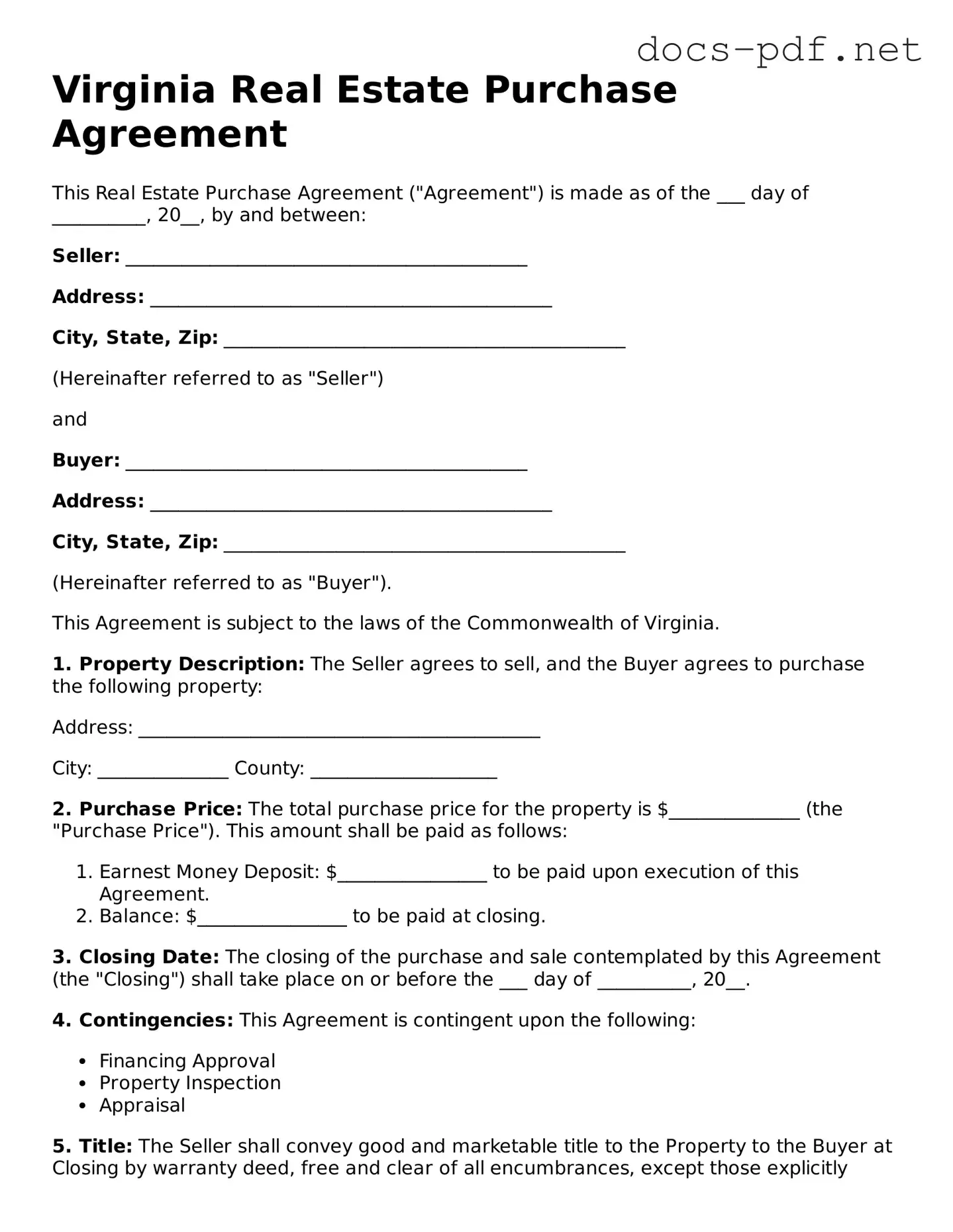 Official  Real Estate Purchase Agreement Form for Virginia