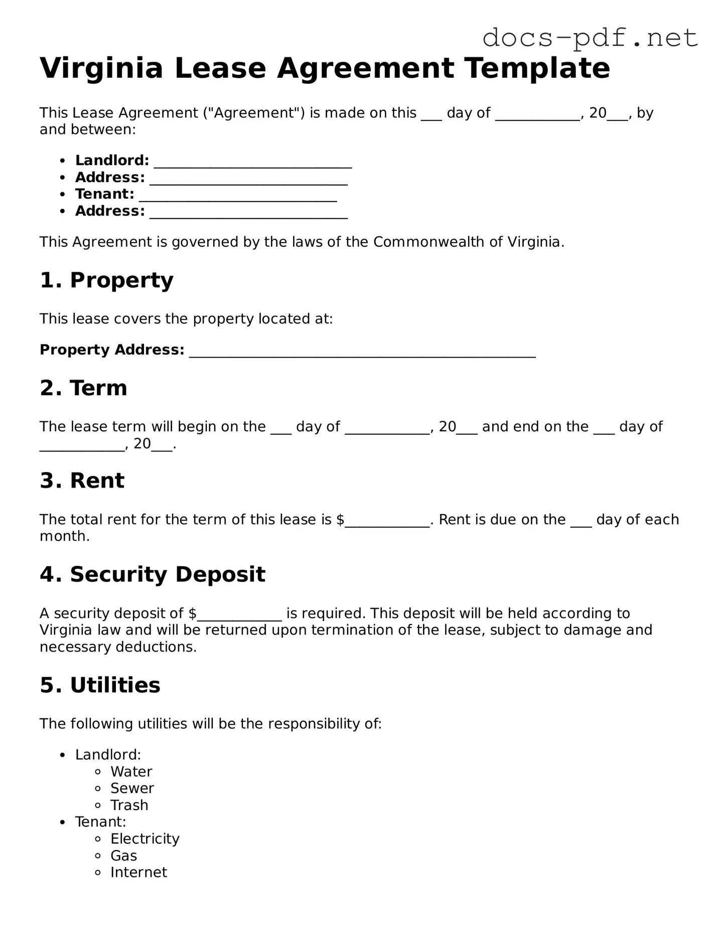 Official  Lease Agreement Form for Virginia