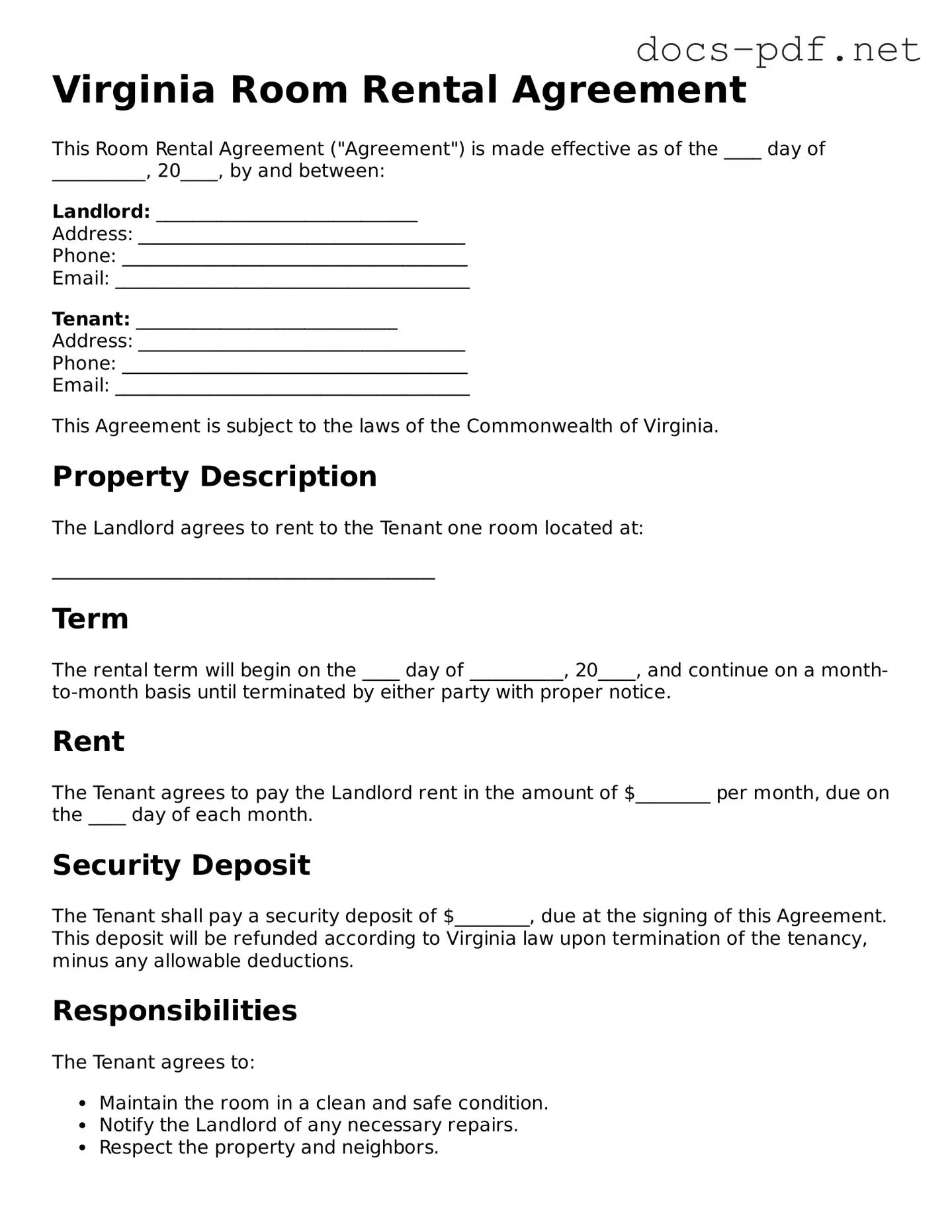 Official  Room Rental Agreement Form for Virginia