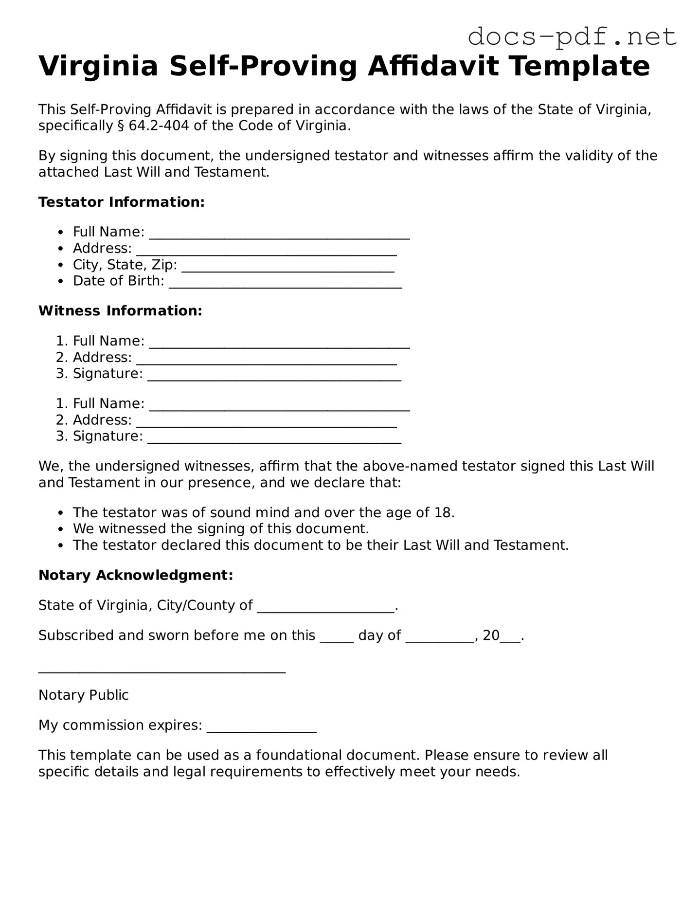 Official  Self-Proving Affidavit Form for Virginia