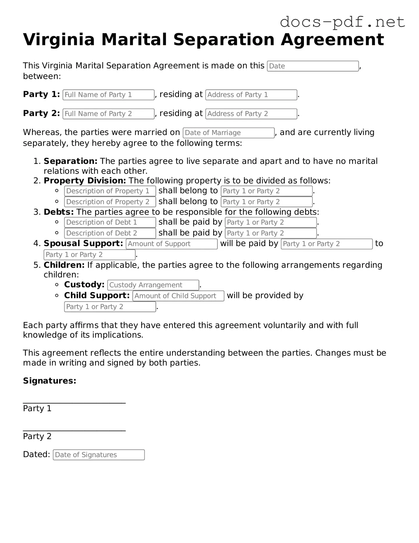 Official  Marital Separation Agreement Form for Virginia