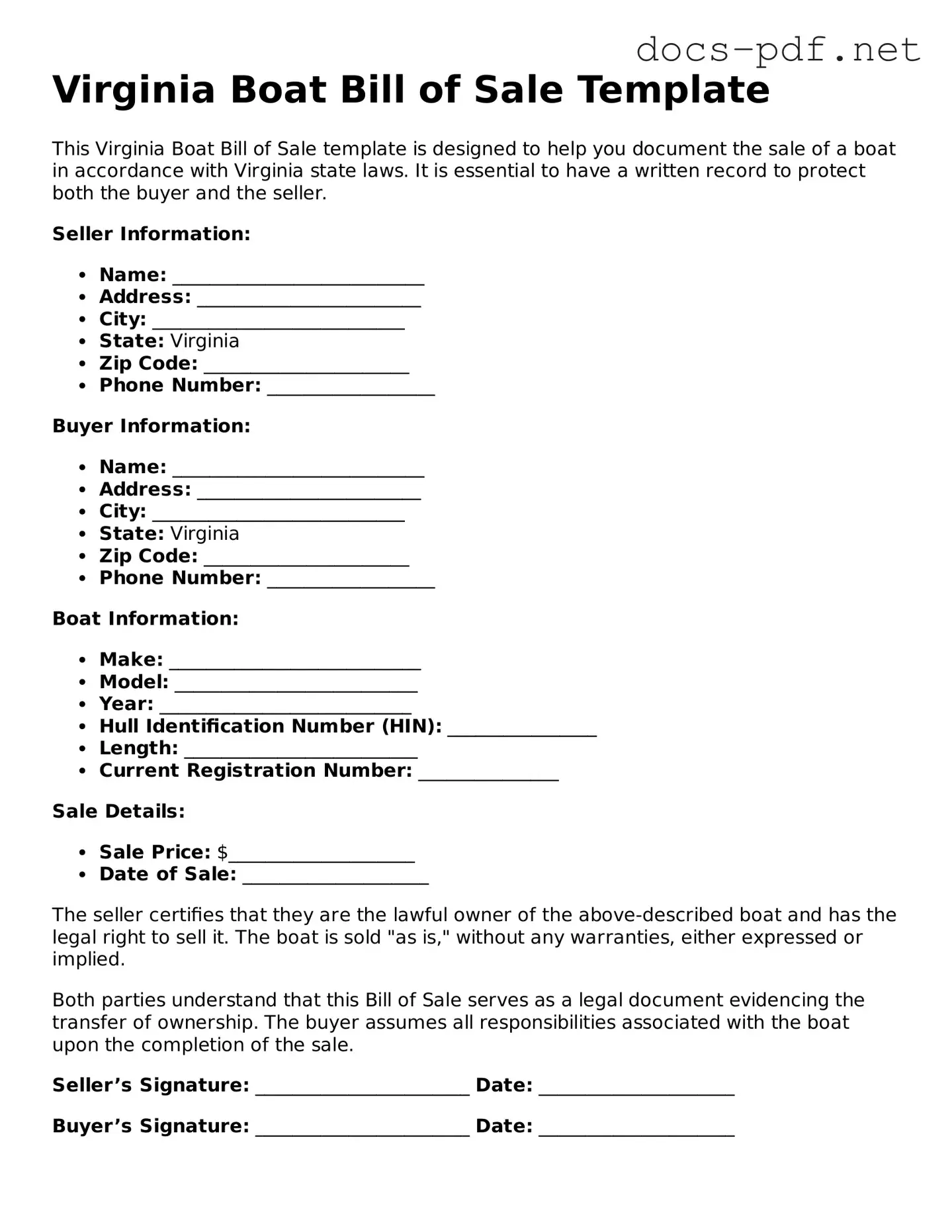 Official  Boat Bill of Sale Form for Virginia