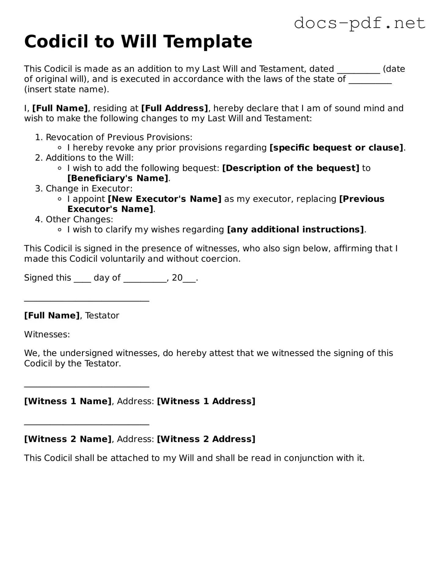 Free Codicil to Will Document