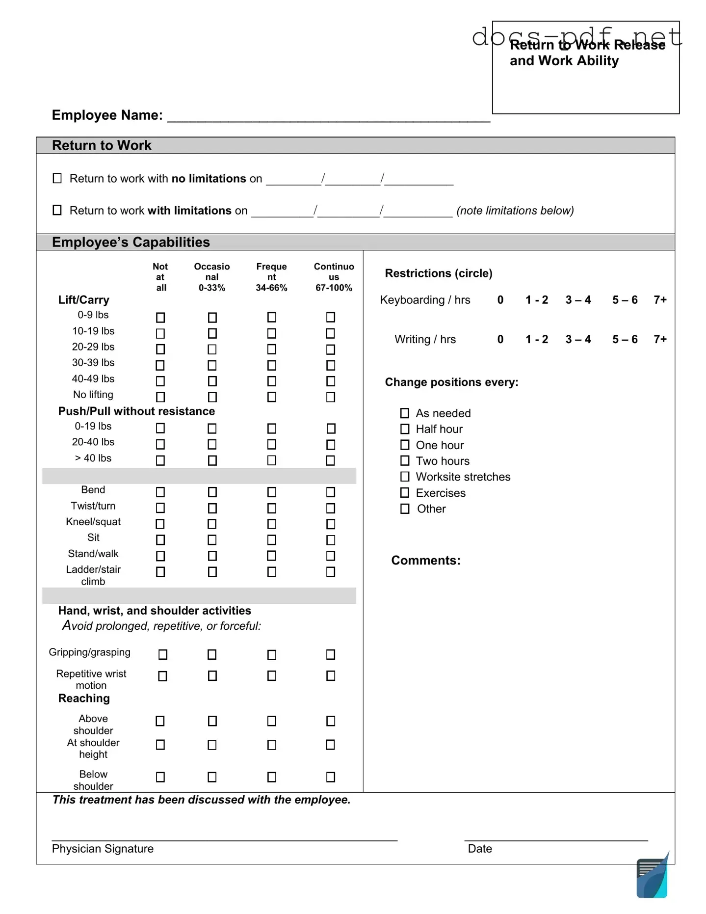 Work Release Form in PDF