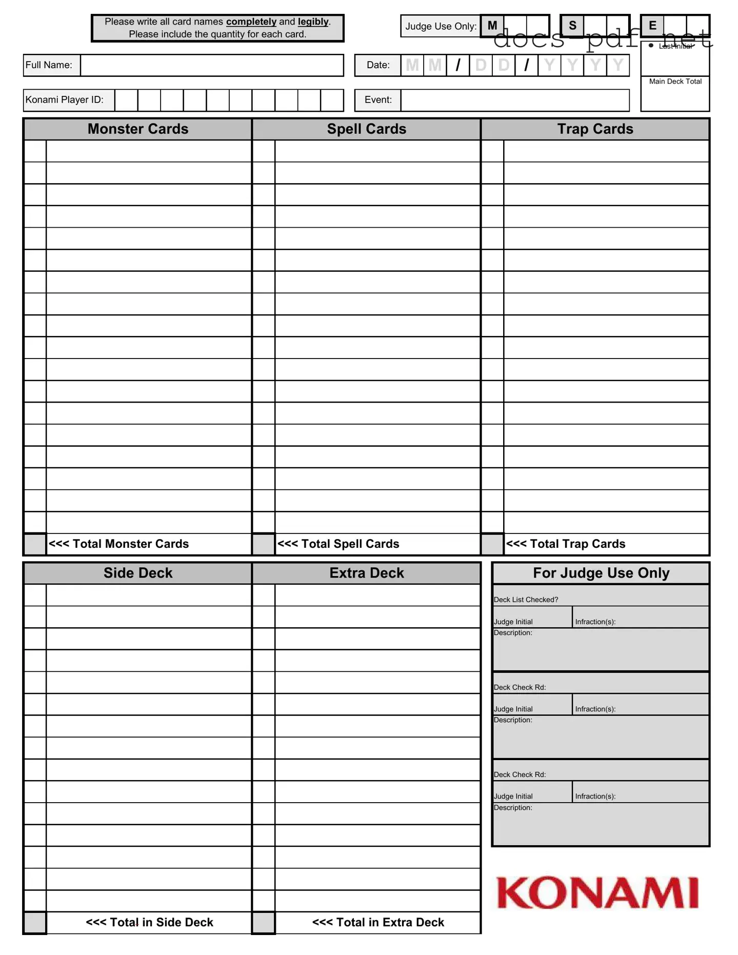 Konami Decklist Form in PDF